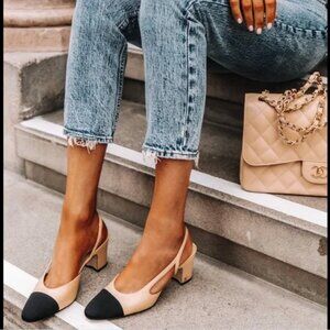 CHANEL Iconic Beige Goatskin & Black Grosgrain Slingbacks - Size 36.5